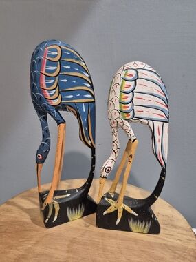 Vintage Hand Carved Wood Bird Sculpture Set Boho Folk Art Crane Heron 7" & 8"
